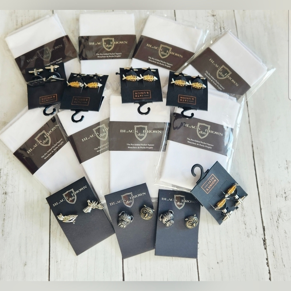 16 PC Men's Black Brown 1826/14th & Union Pocket Square/Cuff Link/Lapel Pin Lot